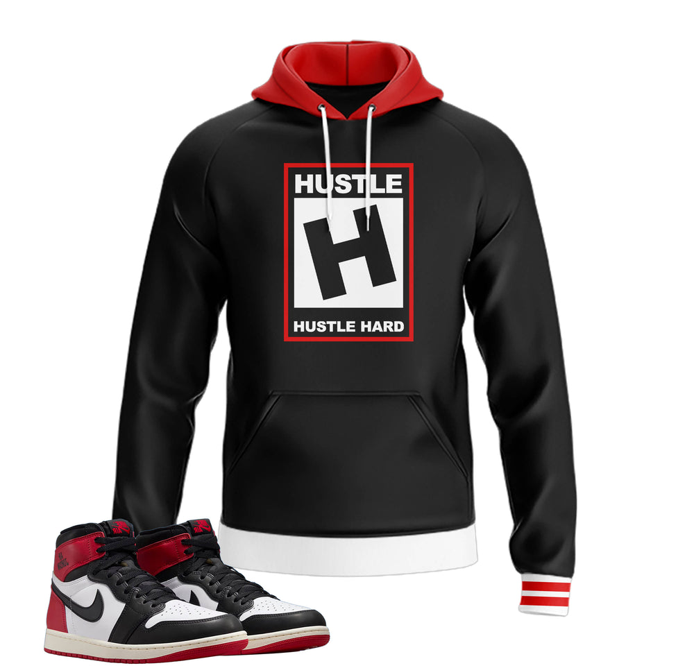 black, red and white color block  hoodie  with fresh on front made to match jordan 1 black toe Reimagined shoes