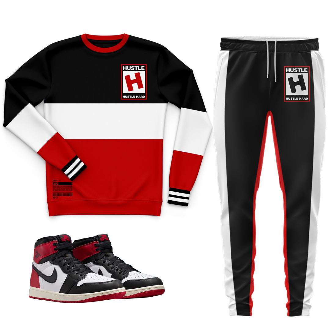black sweatshirt and jogger outfit set with Rated Hustle on front with color block stripes done the side made to match jordan 1 black toe Reimagined shoes
