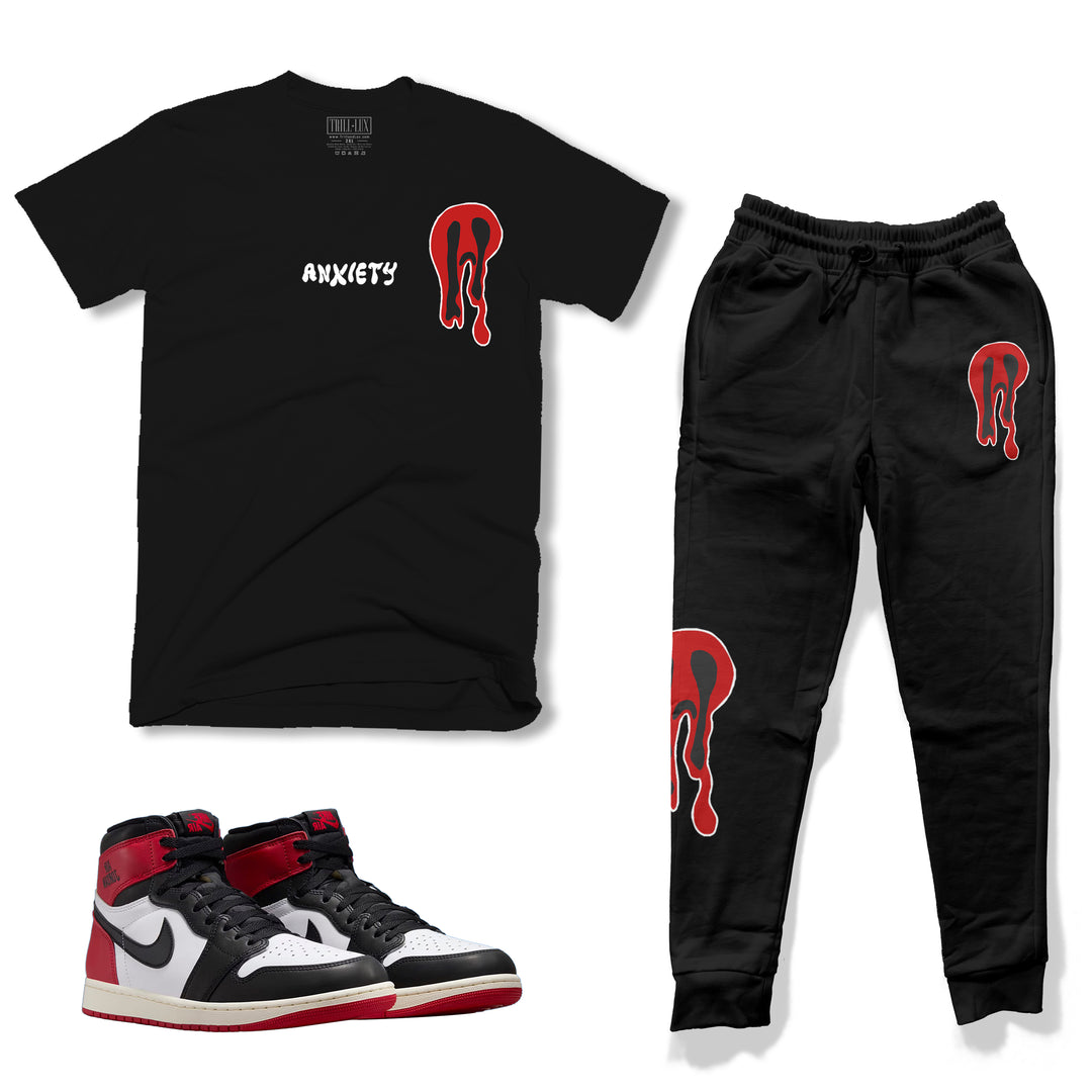 black cotton t-shirt and fleece jogger outfit set with anxiety ghost design made to match jordan 1 OG black toe reimagined