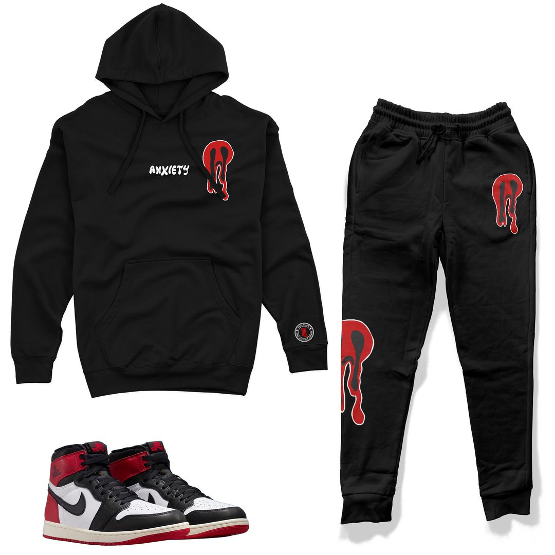 black fleece Hoodie and Jogger outfit set with Red and white Anxiety ghost design made to match jordan 1 OG black toe reimagined