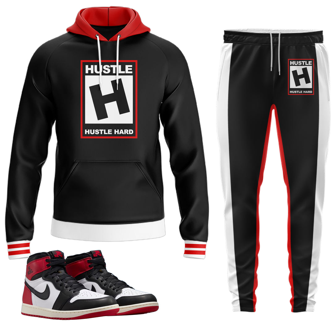 black, red and white color block  hoodie and jogger outfit set with hustle on front made to match jordan 1 black toe Reimagined shoes