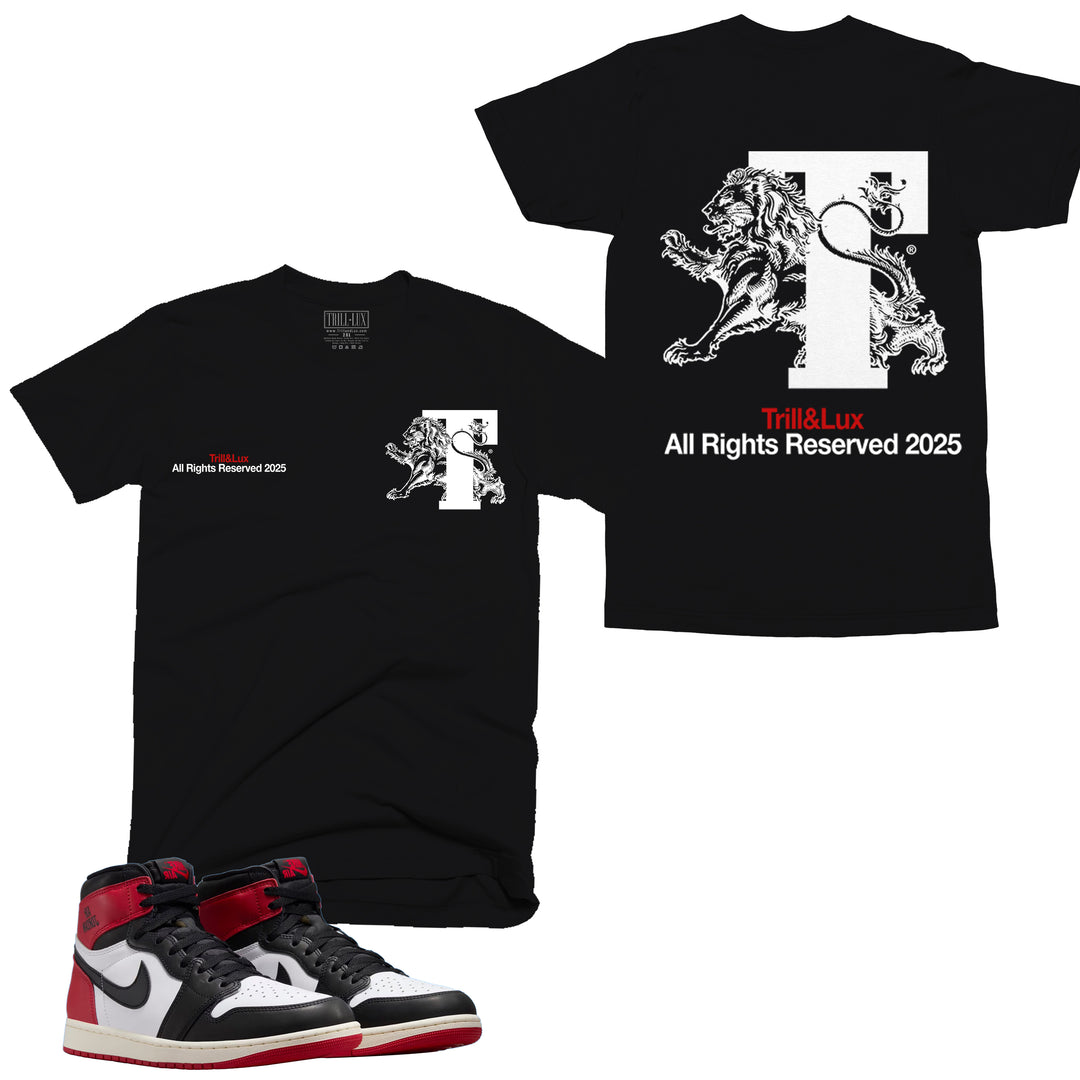 black T-shirt with an lion design on front and back made to match jordan 1 black toe Reimagined shoes