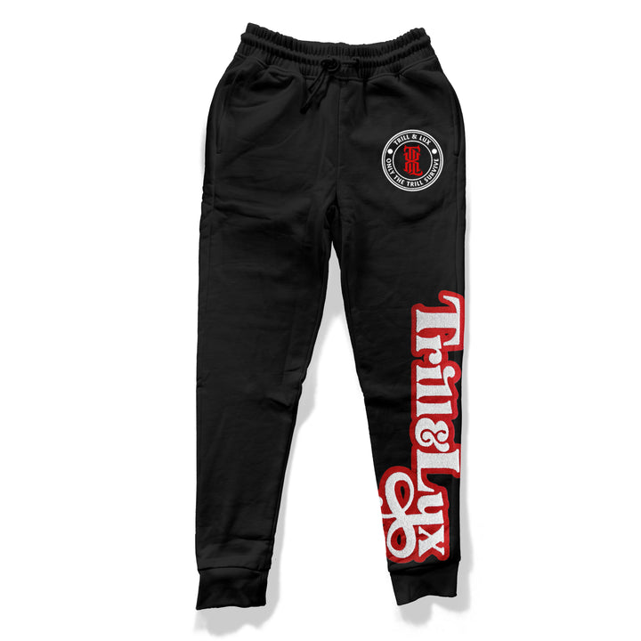 black fleece Jogger with Red and white Fresh chenille patch design down the leg made to match jordan 1 OG black toe reimagined