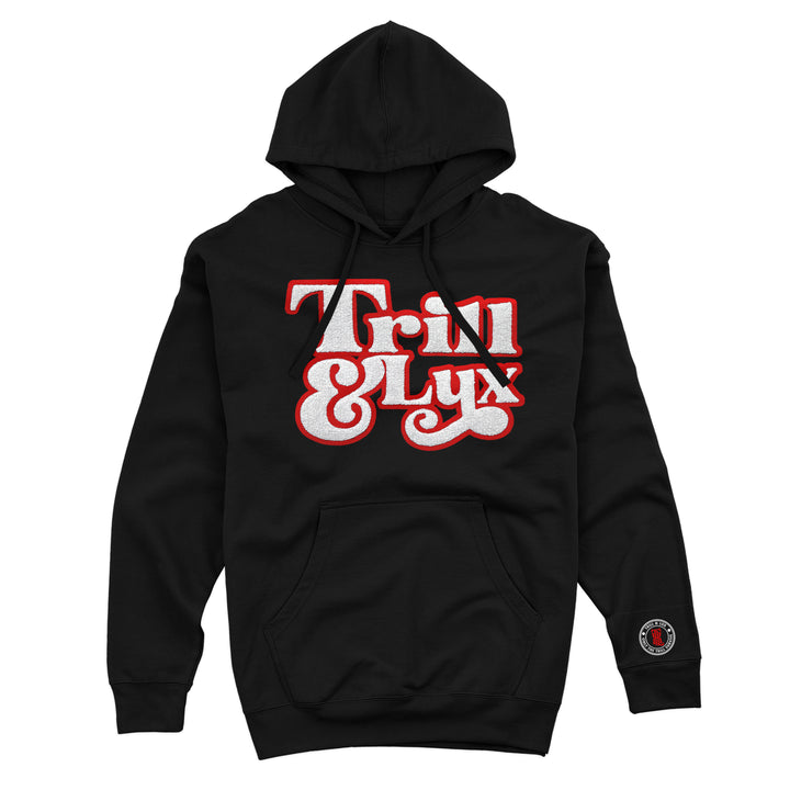 black fleece Hoodie with Red and white Fresh chenille patch design made to match jordan 1 OG black toe reimagined