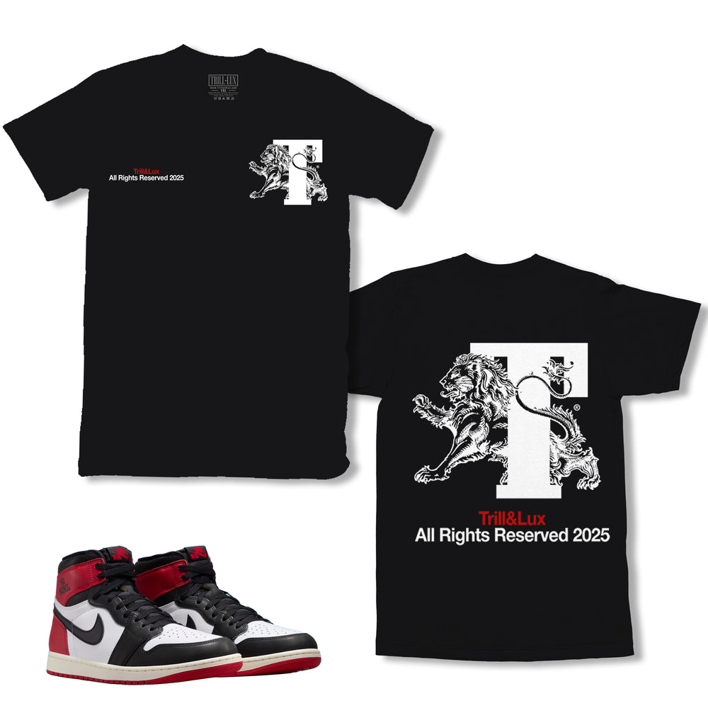 black cotton t-shirt with lion design made to match jordan 1 OG black toe reimagined