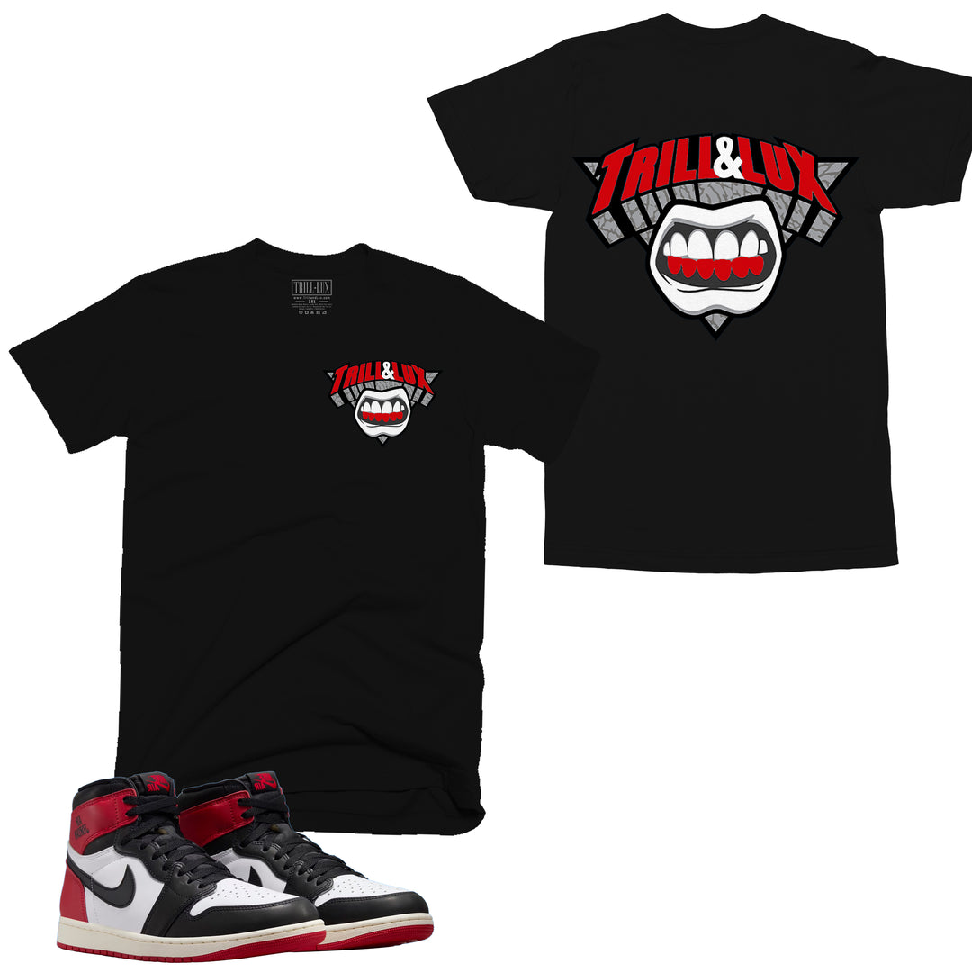 black T-shirt with Trill and lux logo design on front and back made to match jordan 1 black toe Reimagined shoes