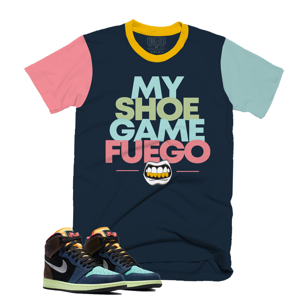 SHOE GAME FUEGO Tee | Retro Air Jordan 1 Bio Hack Colorblock T-shirt