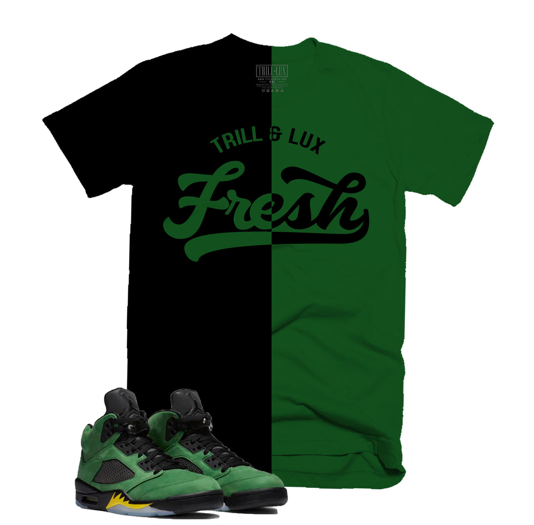 Trill & Lux Split Fresh Tee | Retro Air Jordan 5 Apple Green Colorblock T-shirt