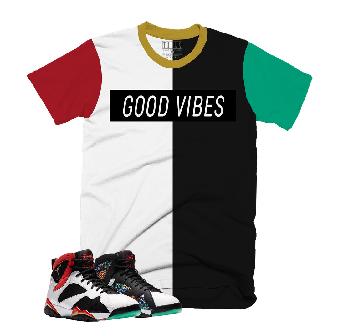 GOOD VIBES Tee | Retro Air Jordan 7 Chile Red Colorblock T-shirt