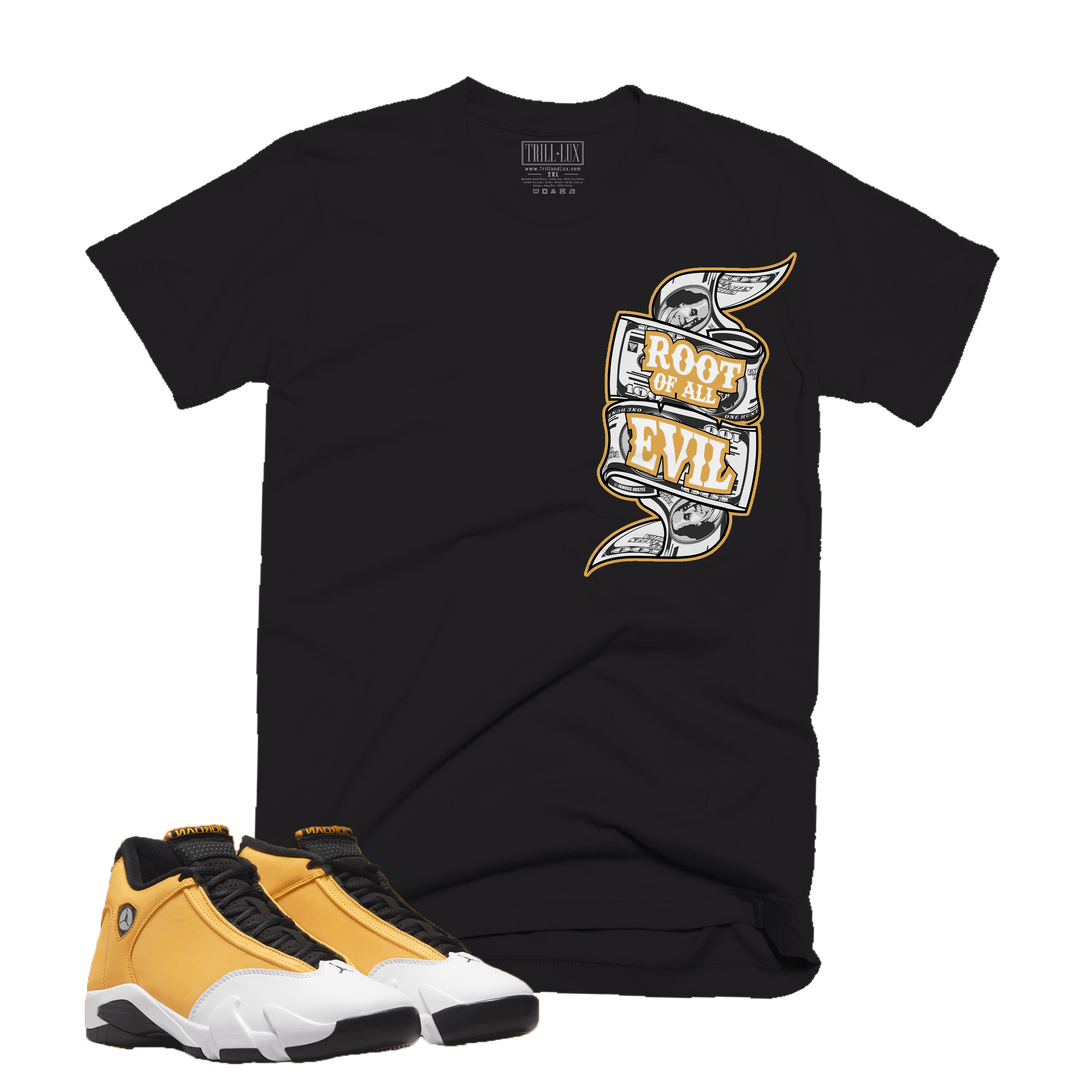 Root of All Evil | Retro Air Jordan 14 Ginger Colorblock T-shirt