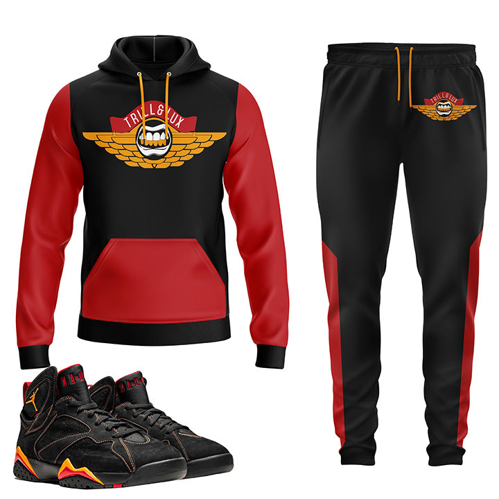 Trill & Lux Flight - Red | Retro Jordan 7 Black Citrus Hoodie and Jogger Set