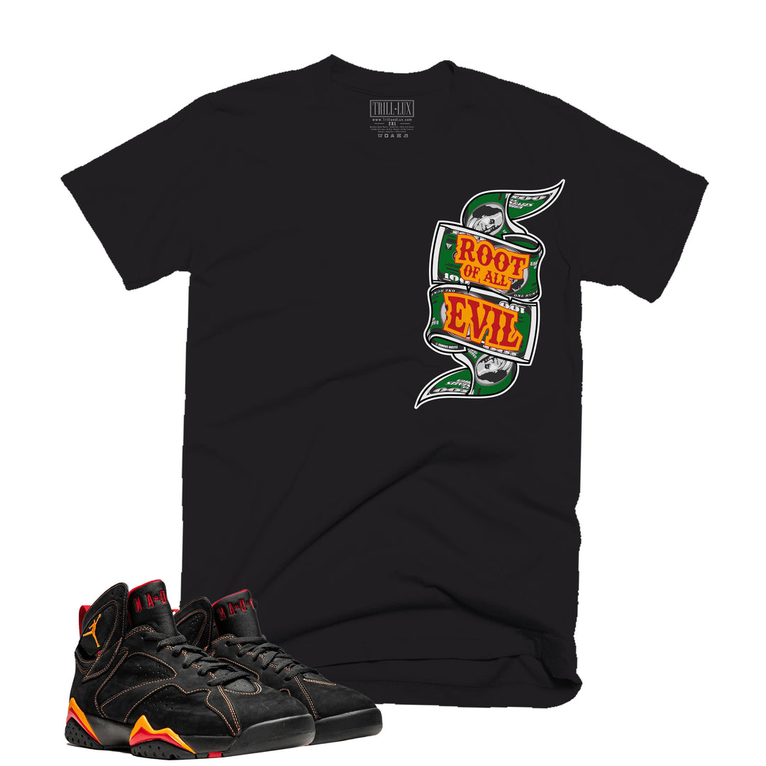 Root of All Evil | Retro Air Jordan 7 Black Citrus Colorblock T-shirt
