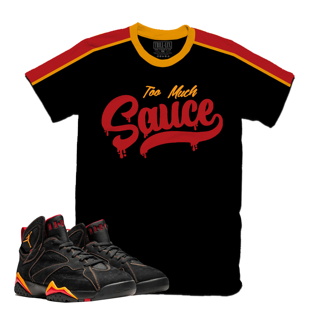 Too Much Sauce | Retro Air Jordan 7 Black Citrus Colorblock T-shirt
