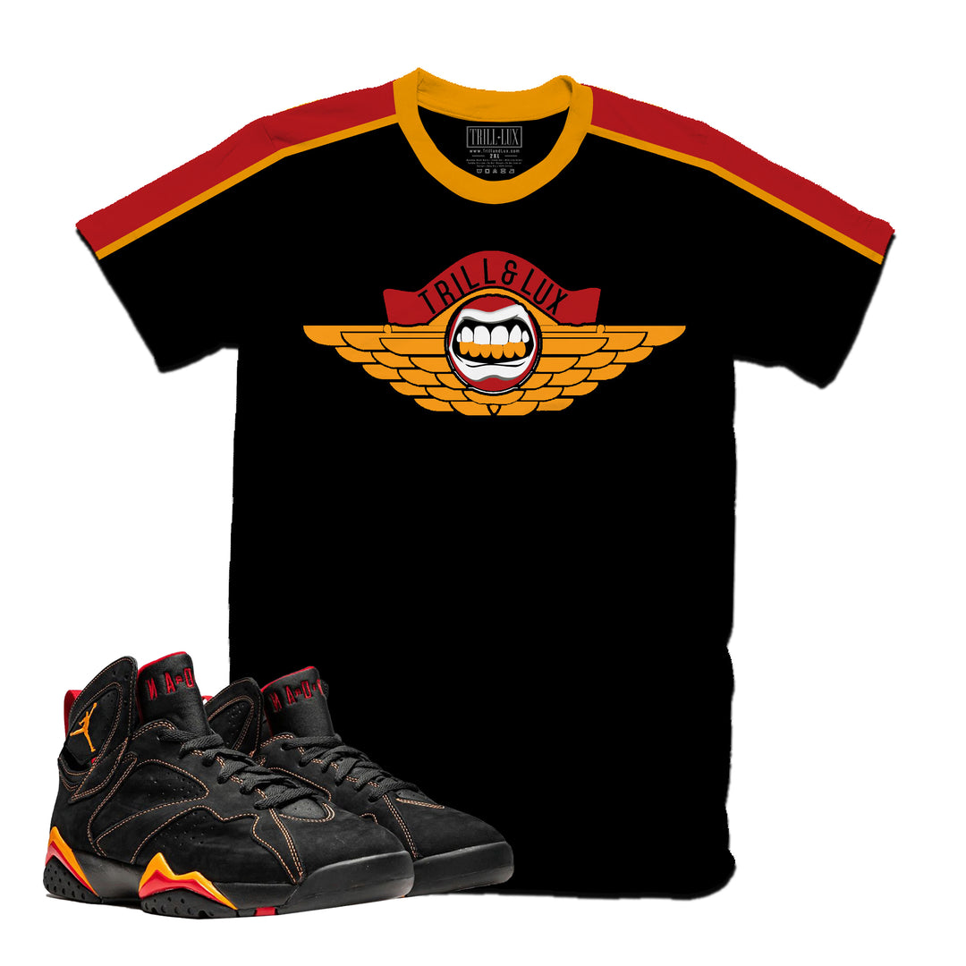 Trill & Lux Flight | Retro Air Jordan 7 Black Citrus Colorblock T-shirt