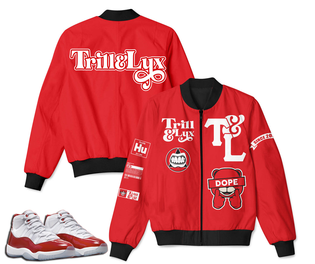 T&L |  Retro Air Jordan 11 Cherry Red Inspired Bomber Jacket