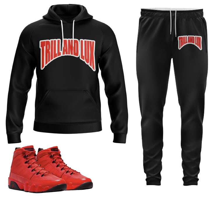 Trill and Lux | Jordan 9 Chile Red Inspired Jogger and Hoodie Suit | Retro