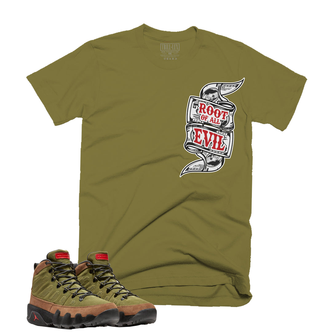 Root Of All Evil Tee | Retro Air Jordan 9 (NRG Boots) Beef And Broccoli T-shirt