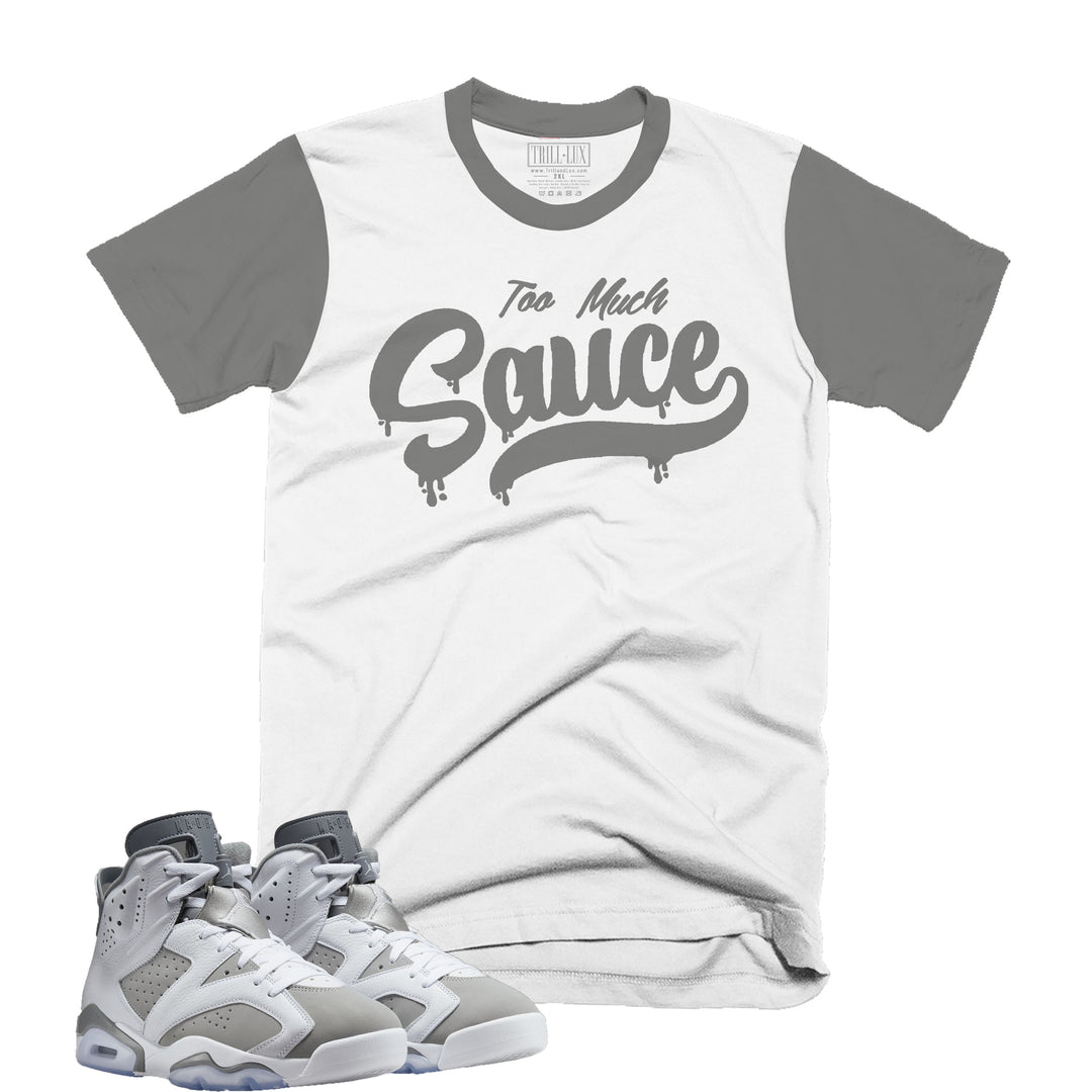 Too Much Sauce | Retro Air Jordan 6 Cool Grey Navy Colorblock T-shirt