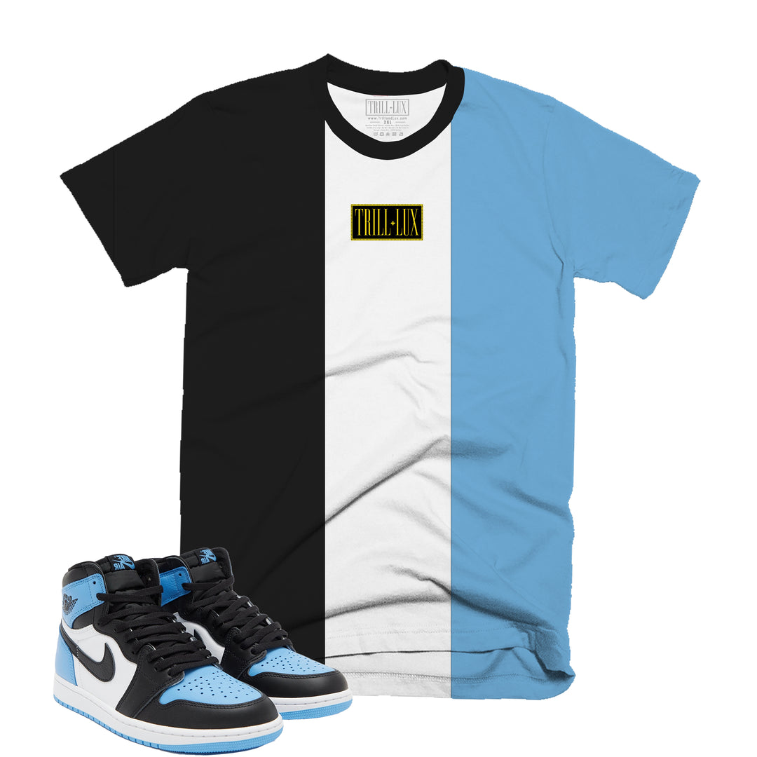 Trill and Lux Black blue UNC t-shirt match jordan 1 university blue logo graphic