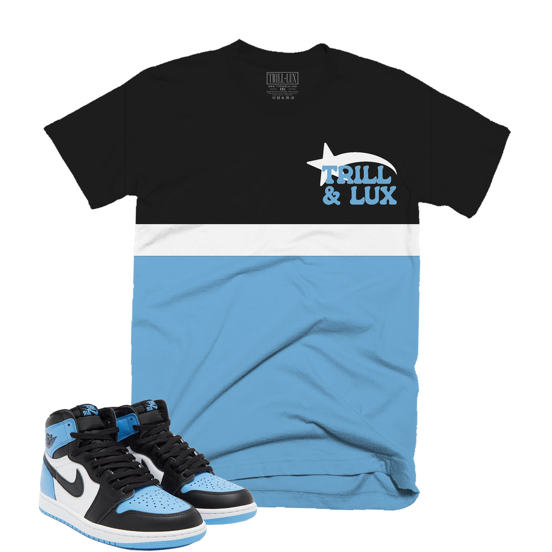 Trill and Lux Black and blue UNC t-shirt  match jordan 1 university blue Star graphic