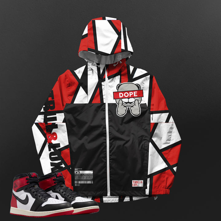 black, red and white color block pattern windbreaker jacket with dope bear on front made to match jordan 1 black toe Reimagined shoes