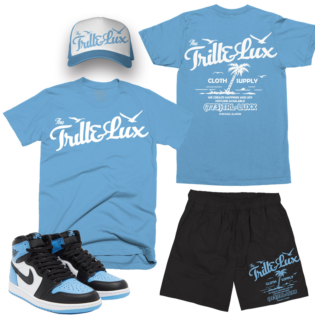 Trill and Lux Black blue UNC t-shirt trucker hat shorts match jordan 1 university blue palm tree graphic