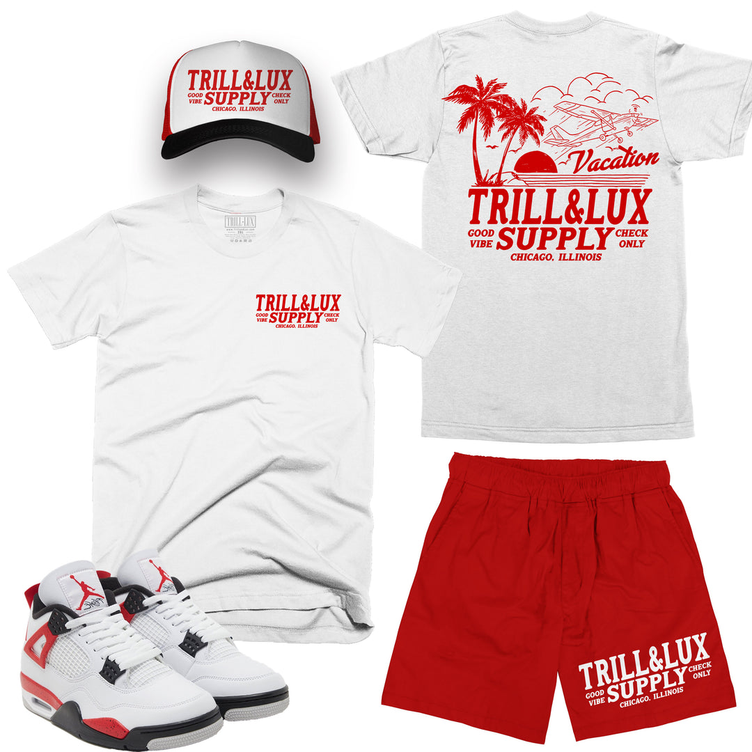 Vacation | Retro Air Jordan 4 Red Cement T-shirt, Shorts & Trucker Hat