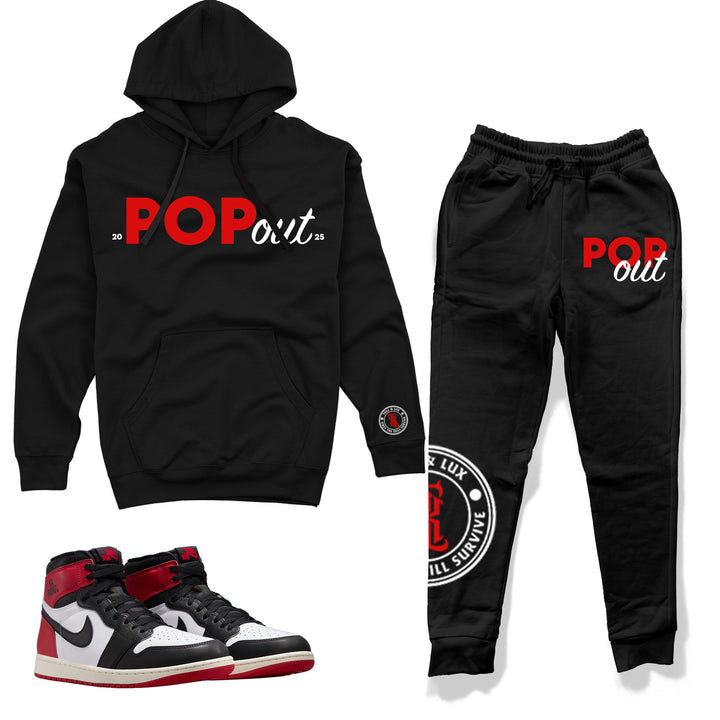 black fleece Hoodie and Jogger outfit set with Red and white pop out design made to match jordan 1 OG black toe reimagined 