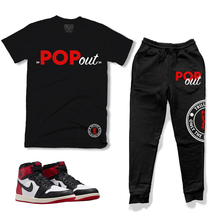 black cotton t-shirt and fleece jogger outfit set with pop out design made to match jordan 1 OG black toe reimagined 