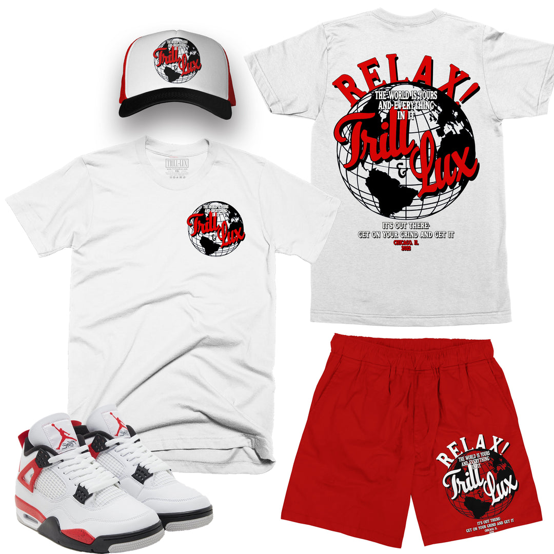 Relax  | Retro Air Jordan 4 Red Cement T-shirt, Shorts & Trucker Hat