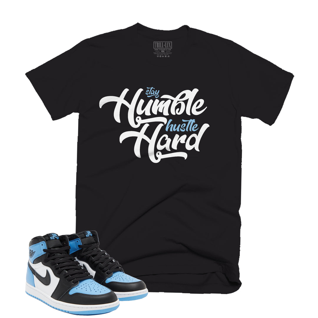 Trill and Lux Black and blue UNC t-shirt  match jordan 1 university stay humble graphic tee