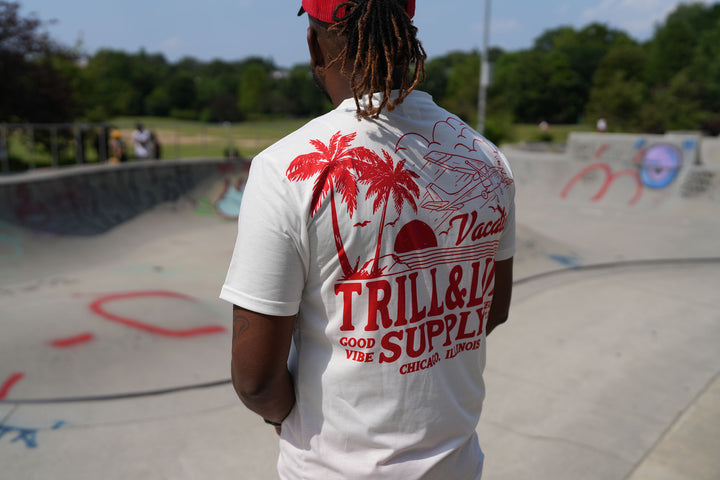 Red Cement Vacation | Tee | Shorts | Trucker Hat Outfit - RED & WHITE