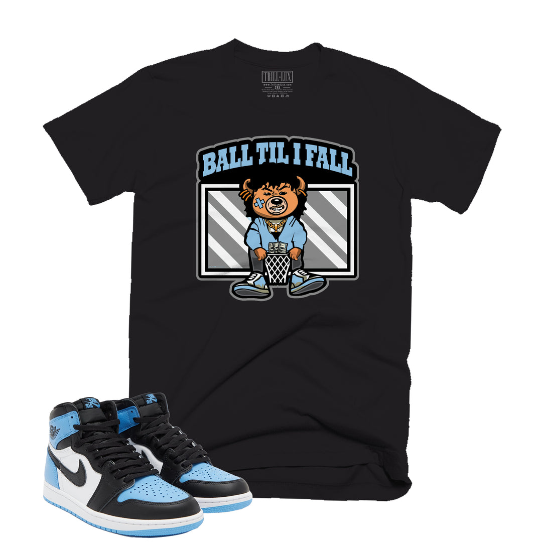 Trill and Lux Black and blue UNC t-shirt  match jordan 1 university ball till fall graphic tee