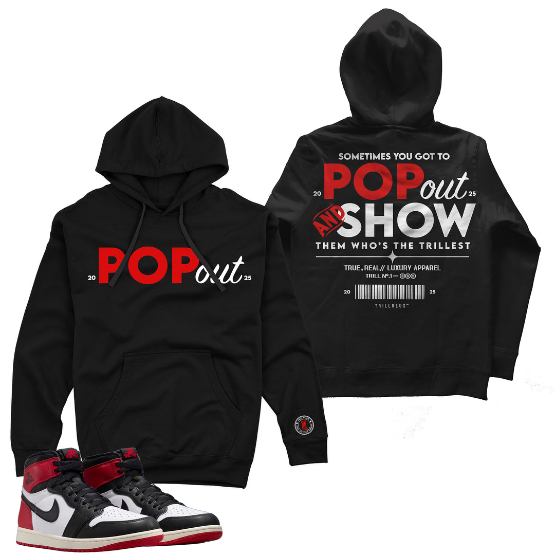 black fleece Hoodie  with Red and white pop out design made to match jordan 1 OG black toe reimagined 