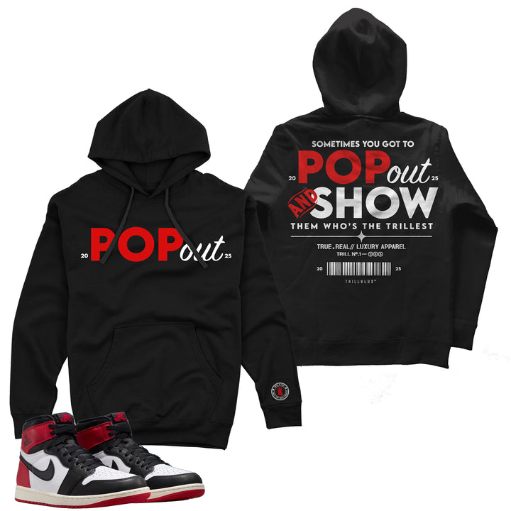 black fleece Hoodie  with Red and white pop out design made to match jordan 1 OG black toe reimagined 