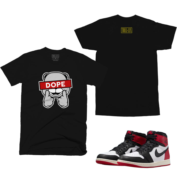 black T-shirt with a dope bear design on front and back made to match jordan 1 black toe Reimagined shoes