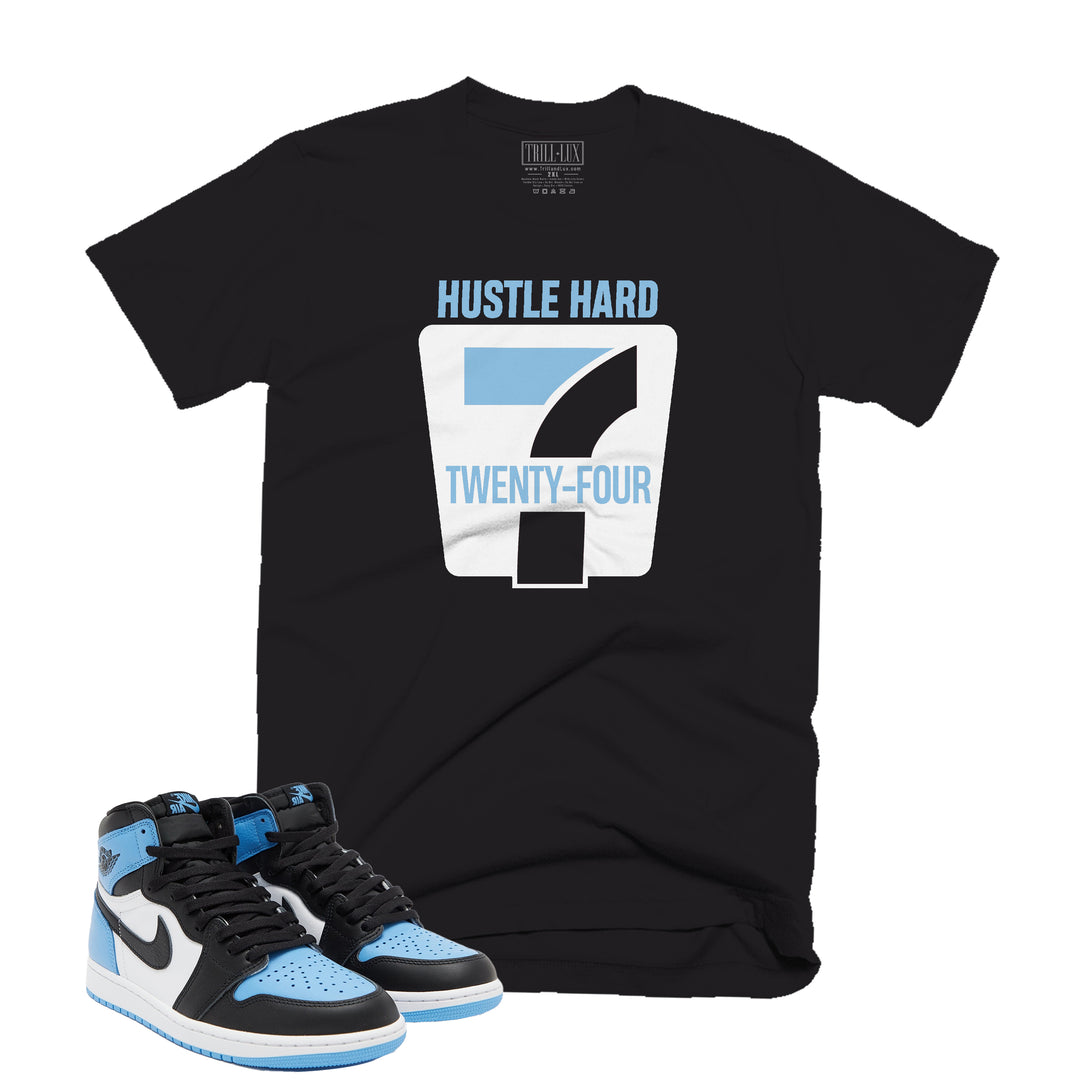 Trill and Lux Black and blue UNC t-shirt  match jordan 1 university hustle 24-7 graphic tee