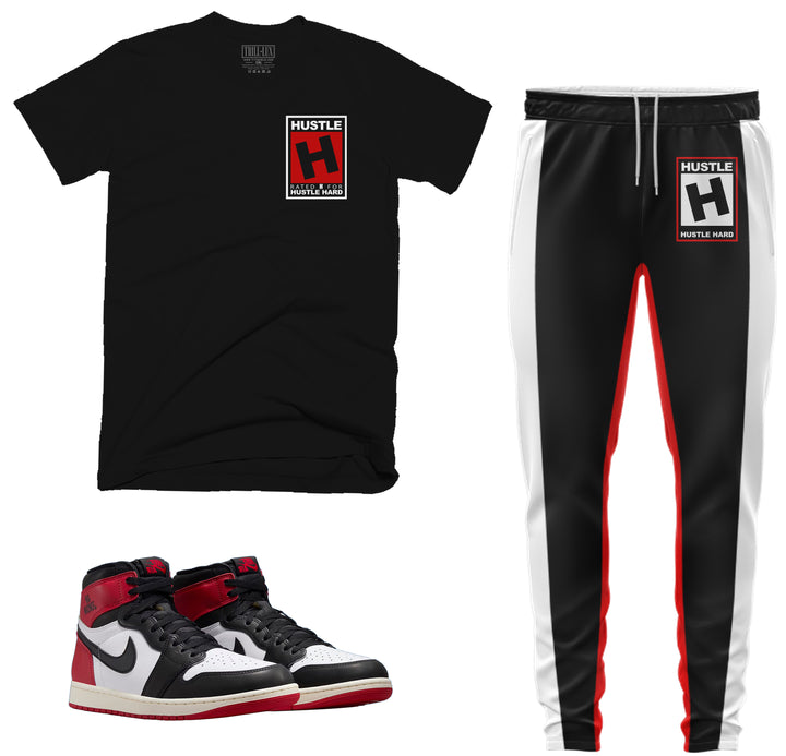 black T-shirt and jogger outfit set with rated hustle on front and back made to match jordan 1 black toe Reimagined shoes

