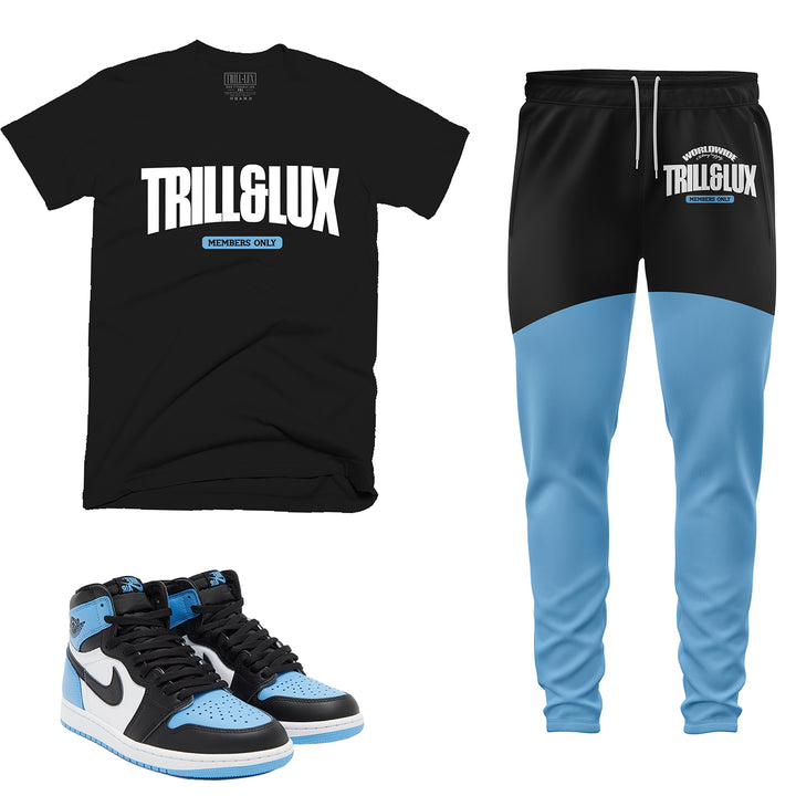 t-shirt sweatpants tee Black blue UNC joggers match jordan 1 university blue palm champ graphic