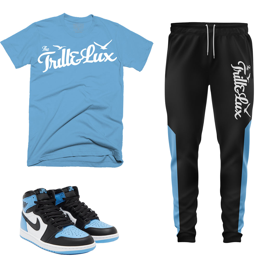 t-shirt sweatpants tee Black blue UNC joggers match jordan 1 university blue palm trees pants graphic