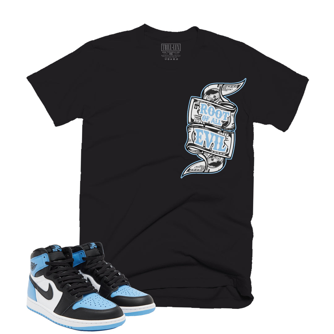 Trill and Lux Black and blue UNC t-shirt  match jordan 1 university root of evil graphic tee