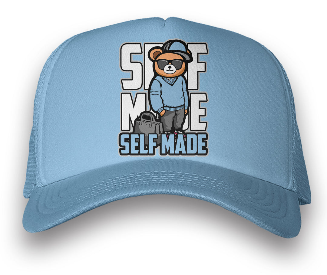 Jordan 1  University blue trucker hat with self made graphic on the bill cap