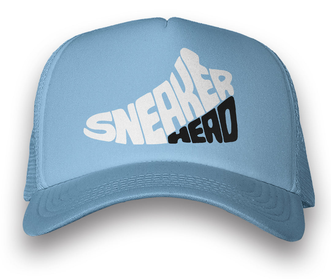 University blue trucker hat with sneakerhead graphic on the bill cap