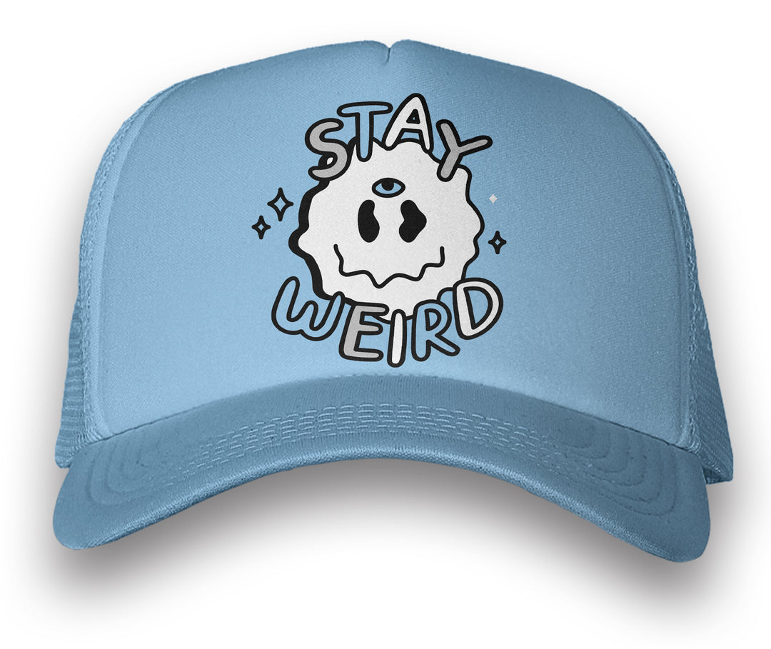 Jordan 1  University blue trucker hat with stay weird graphic on the bill cap