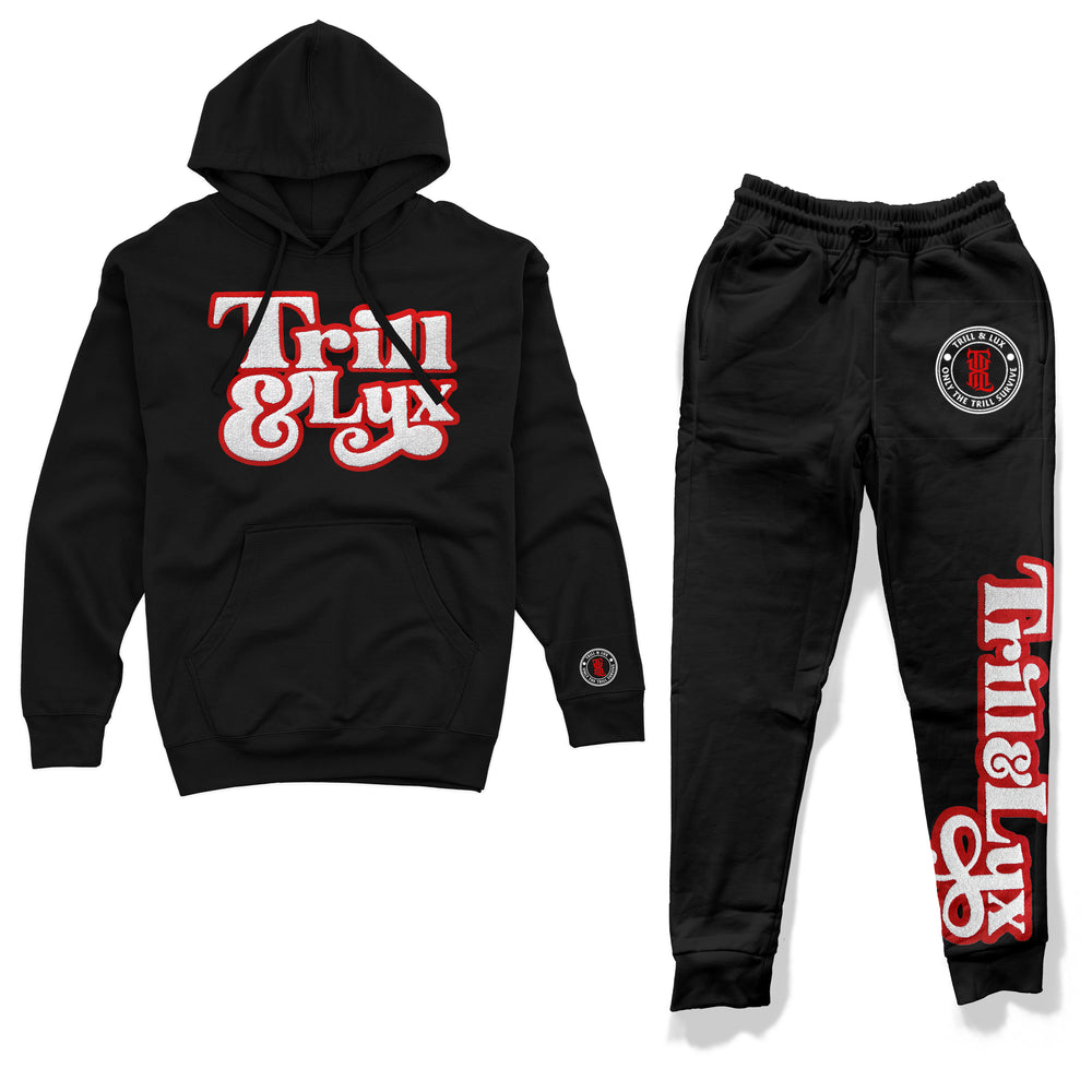 black fleece Hoodie and Jogger outfit set with Red and white Fresh chenille patch design made to match jordan 1 OG black toe reimagined 