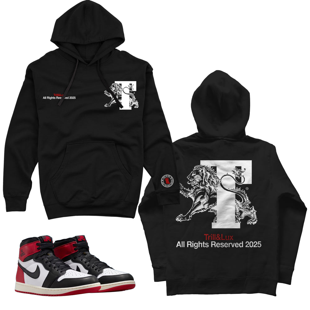black fleece Hoodie with lion design made to match jordan 1 OG black toe reimagined 