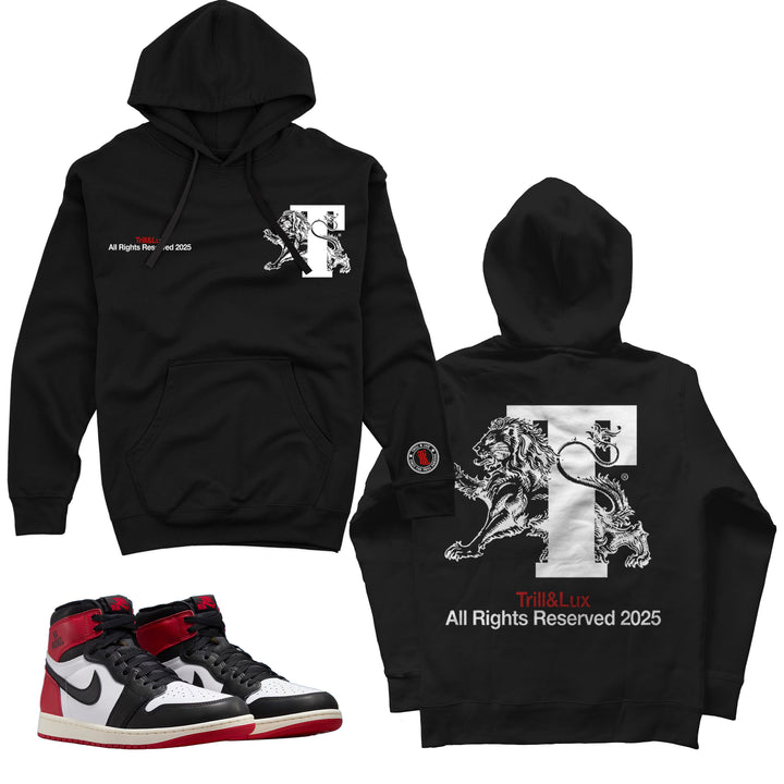 black fleece Hoodie with lion design made to match jordan 1 OG black toe reimagined 