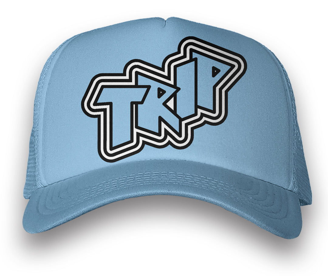 Jordan 1  University blue trucker hat with trippy graphic on the bill cap