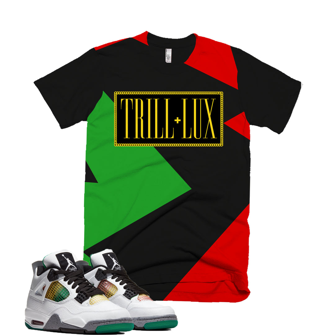 Trill & Lux Fragment Tee | Retro Air Jordan 4 Lucid Green Rasta Colorblock T-shirt (Black)