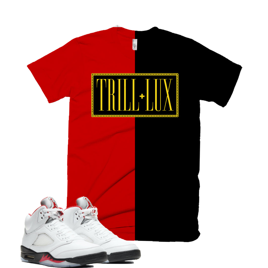 Trill & Lux Split Tee | Retro Air Jordan 5 Fire Red 69 Points Colorblock T-shirt